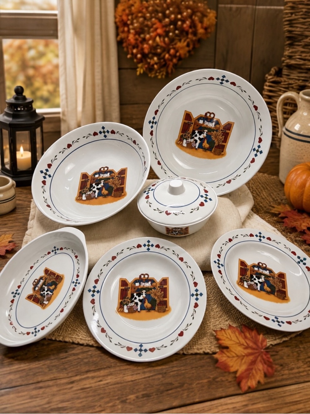 Vintage Gourmet Design Country Cow Melamine Ware 7 Pc Serving Bowl Plate Set